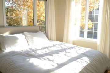 Poster - Cozy bedroom retreat with natural light urban apartment photography minimalist design interior view home comfort
