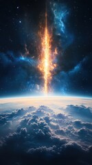 Poster - Celestial explosion igniting in space above earth digital art cosmic environment awe-inspiring view