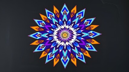 Aufkleber - A colorful mandala with geometric shapes and a central yellow circle on a dark gray background art