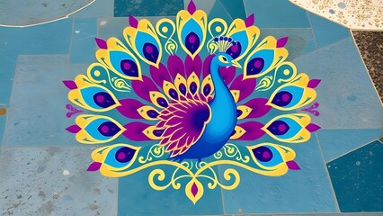 Aufkleber - A vibrant peacock rangoli design on a blue tiled floor with intricate details and colorful feathers