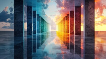 Poster - Sunset reflection on colorful pillars abstract landscape digital art tranquil environment wide angle view visual concept