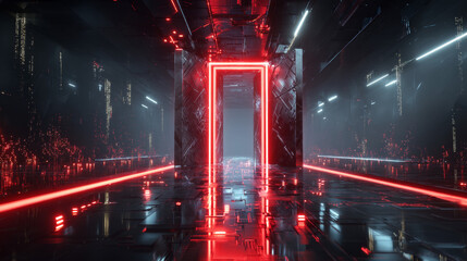 Poster - Open door on red glitch background. Vector realistic illustration of neon lines on black backdrop with futuristic portal, computer system error, cyber security network, information technology tunnel