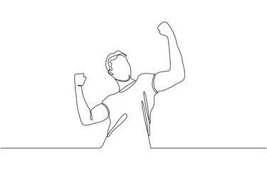Continuous line drawing of cheering man holding fists, One line drawing of cheering businessman holding fists. One line art concept of business success. Vector illustration.