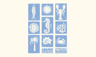 Wall Mural - Seashell line drawing.	Crab and lobster design. Sound of the sea. Seashell vintage artwork. Summer vibes artwork. 