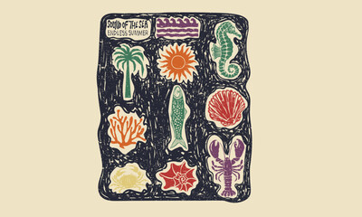 Wall Mural - Seashell line drawing. Seashell vintage artwork. Summer vibes artwork. Crab and lobster design. Sound of the sea. 