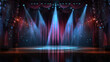 © Ruhi - Theater concert stage with curtain cartoon scene background. Opera show spotlight in empty school hall for comedy performance. Open platform for opera play with magic bokeh sparkles light in center