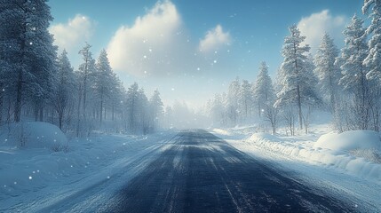 Winter road Snow-covered trees line an asphalt road under a cloudy sky with falling snowflakes