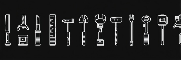 Poster - Minimalist Icon Set Showcasing Construction Tools Displayed in a Light-Centered Arrangement on a Dark Background