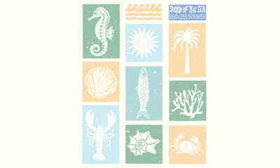 Wall Mural - Seashell line drawing. Summer vibes artwork. Crab and lobster design. Sound of the sea. Seashell vintage artwork. 