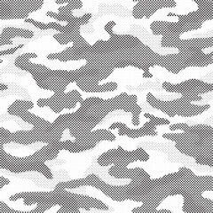 Leinwandbilder - Halftone camouflage pattern background. Classic military clothing style. Masking camo repeat print. Black and white seamless camouflage halftone texture.
