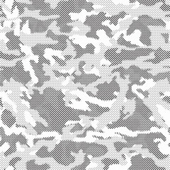 Leinwandbilder - Halftone camouflage pattern background. Classic military clothing style. Masking camo repeat print. Black and white seamless camouflage halftone texture.
