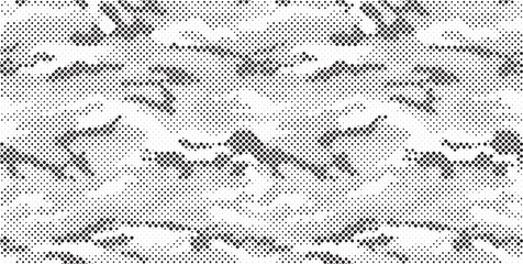 Leinwandbilder - Halftone camouflage pattern background. Classic military clothing style. Masking camo repeat print. Black and white seamless camouflage halftone texture.
