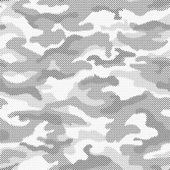 Leinwandbilder - Halftone camouflage pattern background. Classic military clothing style. Masking camo repeat print. Black and white seamless camouflage halftone texture.
