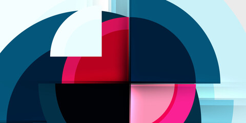 Aufkleber - Abstract geometric composition. Overlapping arcs, rectangles create dynamic visual effect. Colors include blue, pink, white, black.