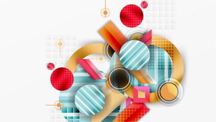 Fototapete - Abstract geometric composition. Circles, rectangles overlap creating dynamic visual effect. Warm, cool colors blend seamlessly. Modern design elements present.