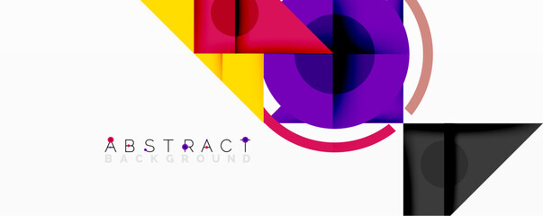 Poster - Abstract geometric shapes, vibrant colors, modern design. Composition features squares, circles, triangles, overlapping elements. Minimalist aesthetic.