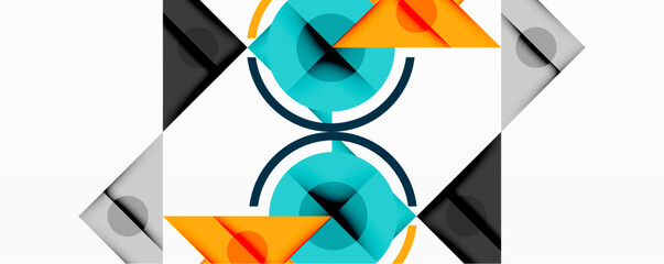 Aufkleber - Abstract geometric composition. Circles, triangles, squares overlap creating symmetrical design. Blue, orange, gray tones dominate. Minimalist style.