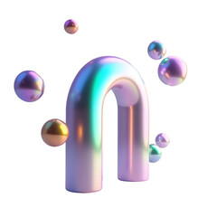 Poster - Iridescent arch with floating shiny spheres in soft pastel colors creating futuristic feel
