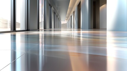 Poster - Office corridor with a shiny linoleum floor reflects natural light through large windows