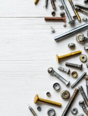 Aufkleber - Flatlay Arrangement of Construction Fasteners and Screws on a White Desk With Ample Space in the Upper Margin for Notes or Labels