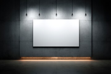 Poster - Blank white canvas on a dark wall illuminated by three overhead spotlights in a minimalistic gallery setting.