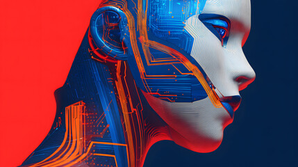 Poster - Cybernetic Portrait: A striking portrait of a futuristic humanoid figure, its face a blend of human features and intricate cybernetic components.