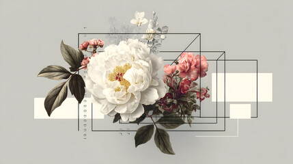 Poster - floral geometry: an exquisite arrangement of white and pink flower interwoven with geometric shapes 