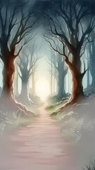 Poster - Minimalist watercolor illustration of Enchanted Forest Pathway with Mysterious Light and Ancient Trees