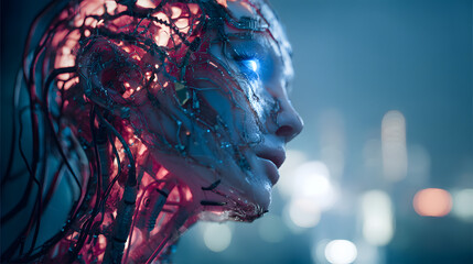 Poster - Cybernetic Being in Dreamscape: A mesmerizing portrayal of a cybernetic entity, with a network of illuminated circuitry intertwined with its visage, a serene gaze set against a futuristic skyline.