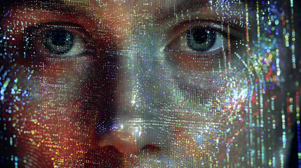 Poster - Digital reflection on the Face: A close-up portrait of a person whose face is overlaid with intricate digital patterns, representing the fusion of technology and human experience.