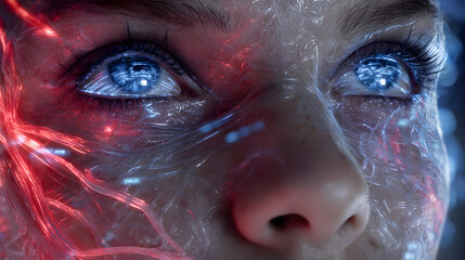 Fototapete - Enigmatic Gaze: Intricate red and blue light patterns dance across the face of a person, highlighting the captivating blue eyes in this imaginative, photo-realistic depiction of futuristic tech.