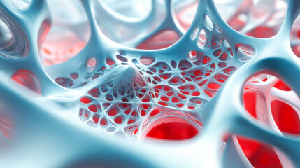 Poster - Exploring intricate cellular structures in a vibrant abstract composition highlighting reds and blues