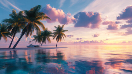 Wall Mural - beautiful tropical sunset over calm waters with palm trees and a boat anchored on a quiet beach