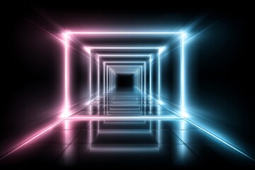 Poster - abstract neon cube tunnel lightscape - symbolizing space, futuristic technology, vibrant energy, end