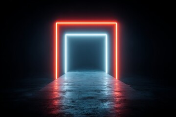 Poster - Abstract Neon Cube Tunnel Red Blue Lights - Neon lights form a cube tunnel, symbolizing technology, future, energy, transition, and innovation. A futuristic gateway to the unknown