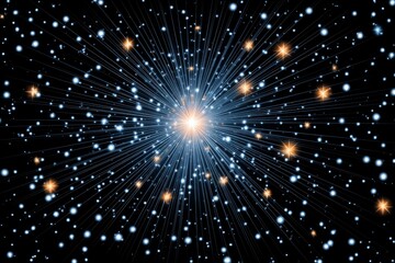 Poster - Cosmic Radiance: Abstract Stellar Burst - Symbolizing creation, expansion, energy, infinity, and light. A vibrant cosmic background featuring a glowing blue and gold stellar burst