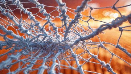 Close-up of Knotted Fishing Net Against Blurred Sunset