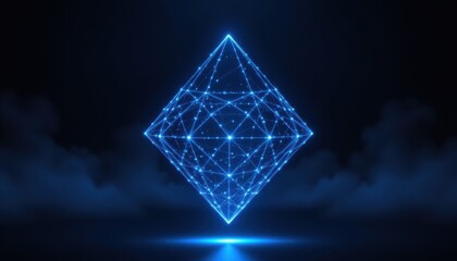 Poster - 3d network visualization of a blue diamond structure in a dark environment for technology and graphic innovation
