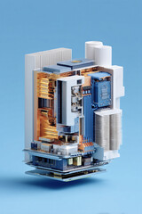 Poster - Striking 3D rendering of a computers internal components, exploded view showcasing intricate circuitry  cooling systems.