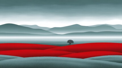 Poster - Serene Red Hills Abstract Landscape - A minimalist landscape featuring rolling red hills, a solitary tree, and misty mountains. Symbolizing tranquility, solitude, hope, beauty, and serenity