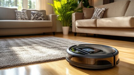 Poster - Low-angle view of robotic floor cleaner moving beside modern furniture and indoor plants