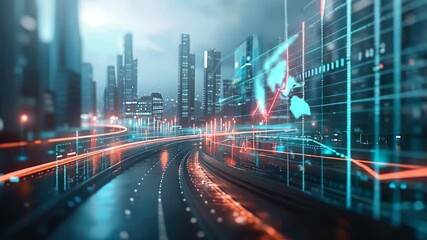 Poster - Urban landscape filled with towering buildings and glowing data patterns during evening hours, creating a futuristic atmosphere