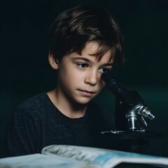Poster - Young student examines specimen under microscope beside biology textbook
