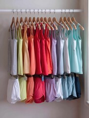 Poster - Brightly Colored Tank Tops and Shorts Hanging on Wall Hooks in a Well-Organized Closet Space