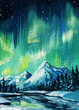 © Hanna - northern lights oil painting with snowy mountains forest night green aurora sky stars winter landscape nature cold decor