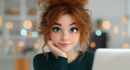 Poster - A young assistant with wavy reddish-brown hair is resting her chin on her hand while engaging with a laptop.