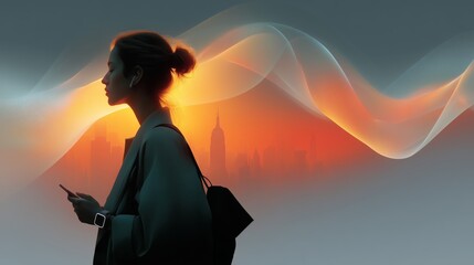 Poster - A woman stands silhouetted against a vibrant city skyline at sunset, engaging with a voice assistant on her device. The abstract sound waves represent communication and connection in a digital world.