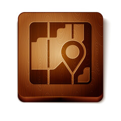 Poster - Brown Infographic of city map navigation icon isolated on white background. Mobile App Interface concept design. Geolacation concept. Wooden square button. Vector