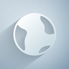 Poster - Paper cut Earth globe icon isolated on grey background. World or Earth sign. Global internet symbol. Geometric shapes. Paper art style. Vector