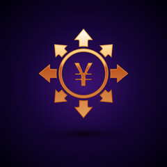 Poster - Gold Coin money with Yen symbol icon isolated on black background. Banking currency sign. Cash symbol. Vector